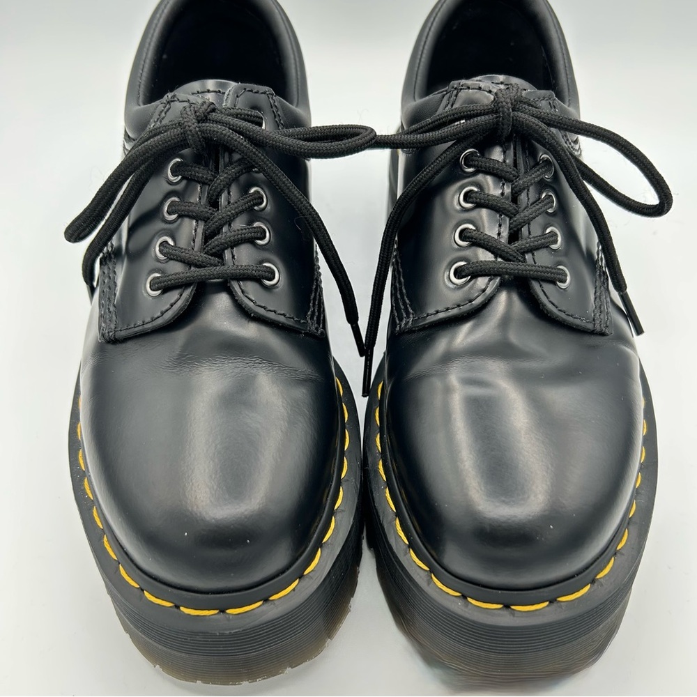 Dr. Martens Black Leather Platform Shoes with Yellow Stitching - Picture 6 of 9
